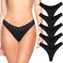 REORIA Womens Sexy Lace Seamless Thongs Panties for Women Cheeky No Show Breathable Underwear 5-Pack (Medium)