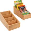 HTB 4-Section Snack Organizer with Removable Dividers for Kitchen, Cabinet, Office, Countertop, 2 Pack Bamboo Pantry Storage Organization for Spice Packets, Seasoning Pouches, Coffee Pods