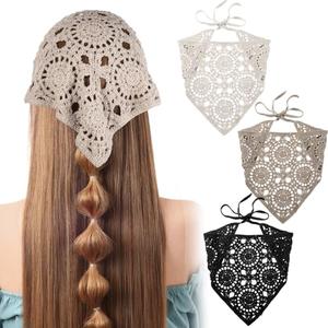 FNANJWQ 3Pcs Crochet Bandanas Headbands Hair Accessories, Triangle Crochet Head Scarf, Hollow Knitted Floral Headscarf Vintage Head Kerchief for Women Girls Decor (Black, Beige, Gray)
