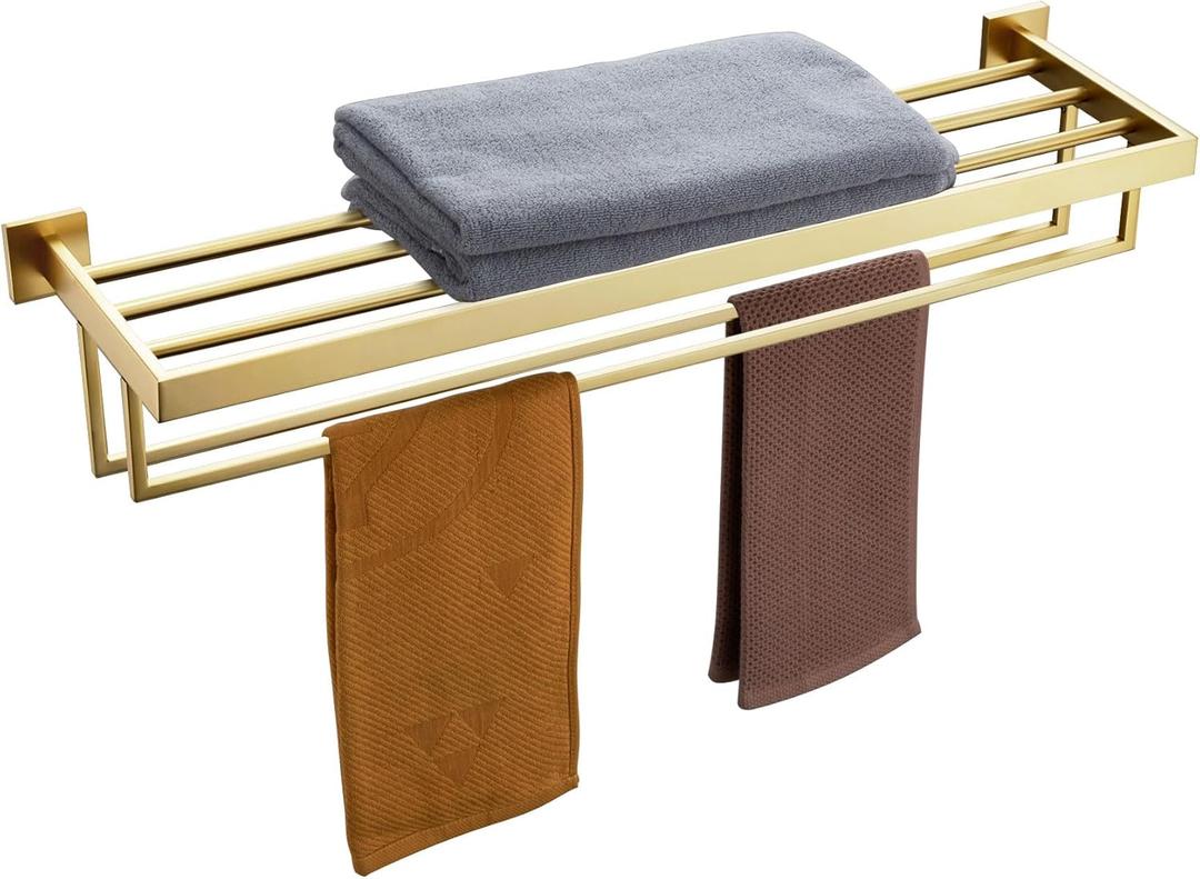 KOKOSIRI 32'' Towel Shelf Holder Bathroom Towel Rack with Two Bath Towel Bars Rails SUS304 Stainless Steel Wall Mount, Brushed Gold B6003BG-L32