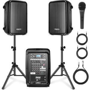 Pyle PA Speaker DJ Mixer Bundle - 300 W Portable Wireless Bluetooth Sound System w/ USB SD XLR 1/4" RCA Inputs - Dual Speaker, Mixer, Microphone, Stand, Cable - Home/Outdoor Party - PPHP28AMX,Black