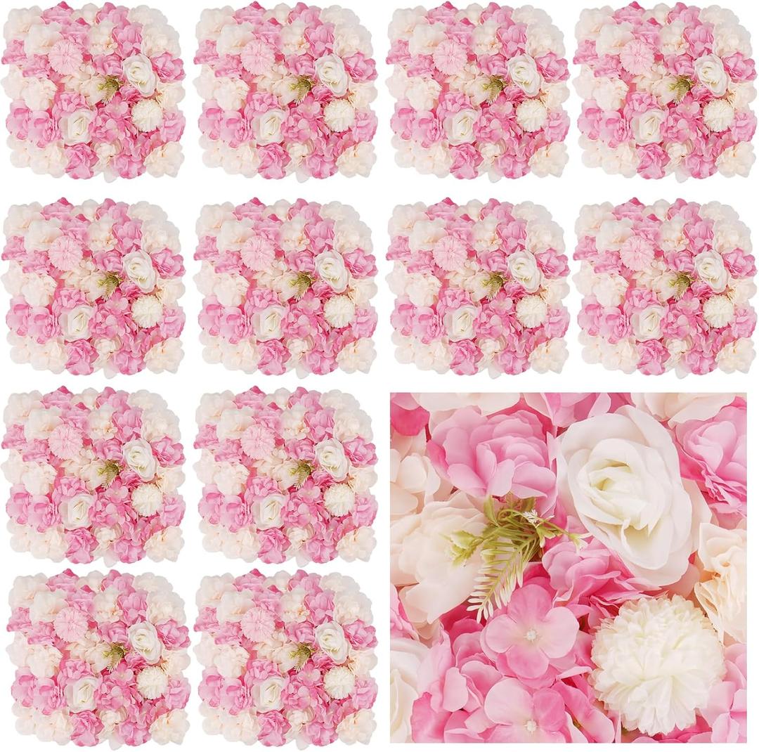 3D Flower Wall Backdrop - 24Pcs Artificial Flower Wall Panel 15 * 15inch Decoration Pink and White Roses Wall for Home Party Wedding Anniversary Birthday