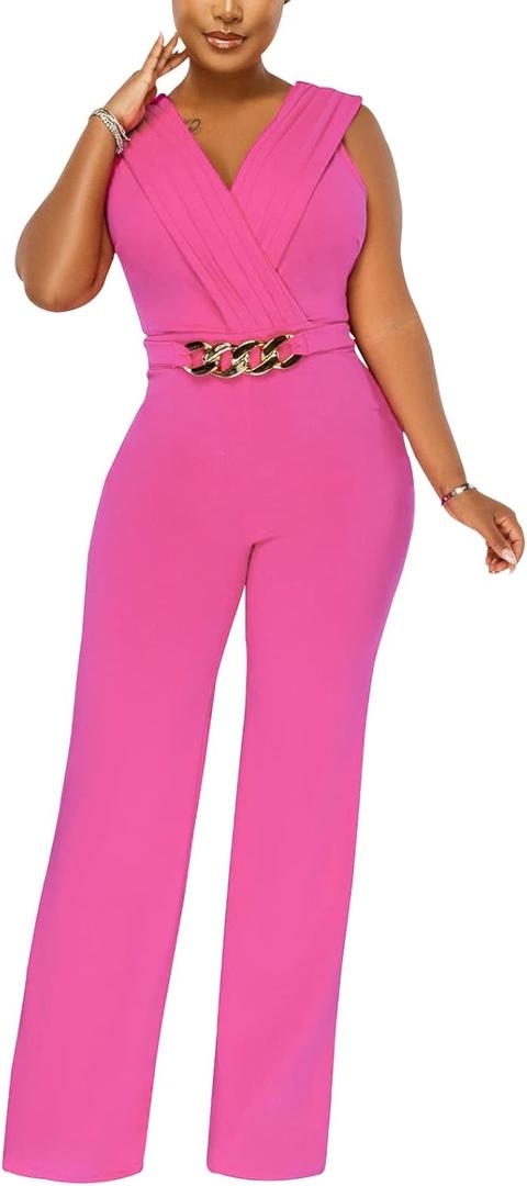 Women's Summer Formal Dressy Jumpsuits Elegant V Neck Sleeveless Party Rompers Stretchy Wrap Wide Leg Long Pants Clubwear (Pink, L)