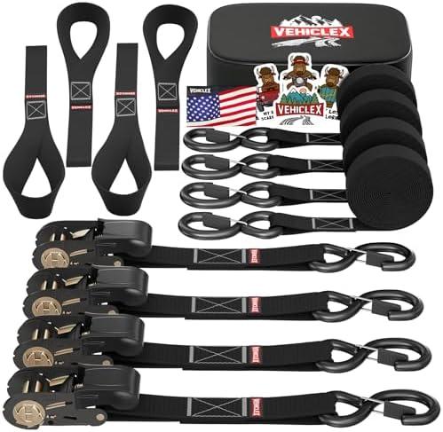 Ratchet Tie-Down Straps Set - (1" x 15', 2200lbs Breaking Strength) - Vehiclex Soft Loops, Coated S-Hooks, Storage Bag for ATV, Motorcycle, Bicycle, Kayak, Cargo Securing, Black