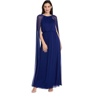 R&M Richards Women's Chiffon Maxi Dress - Blouson Waist Goddess Gown W/Rhinestone Trim & Sheer Draping Cape Sleeves (Blue), Size 22W
