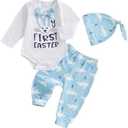 Gueuusu My First Easter Baby Boy Outfit Long Sleeve Bunny Romper Rabbit Long Pants Hat 3 Pcs Clothes Set, 12-18M