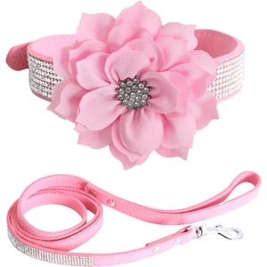 BRT Bearingshui Bling Rhinestone Leather Dog Collar and Leash Set, Soft Leather Sparkling Pink Dog Collar with Flower for Female Dogs, XS