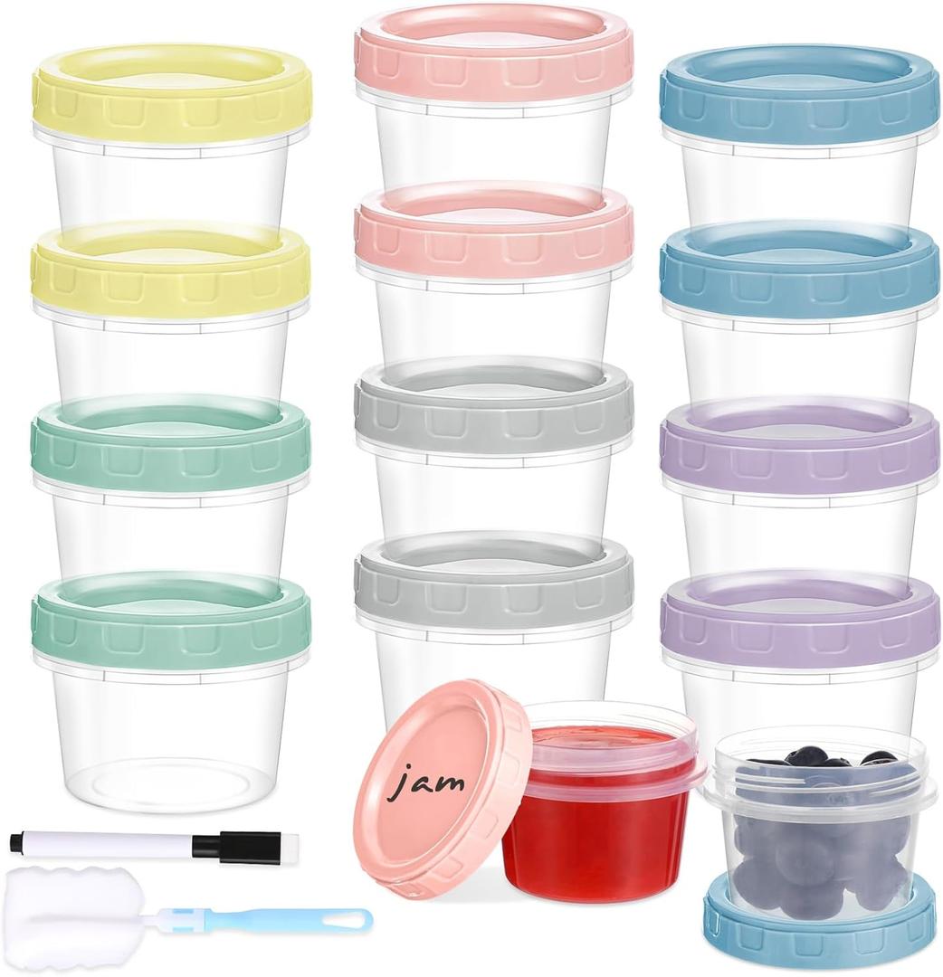Yomarket 12pcs 4 oz Plastic Containers with Screw Lids, Reusable 1/2 Cup Small Food Storage Containers, Leakproof, Microwave Dishwasher Freezer Safe, with Pen and Brush