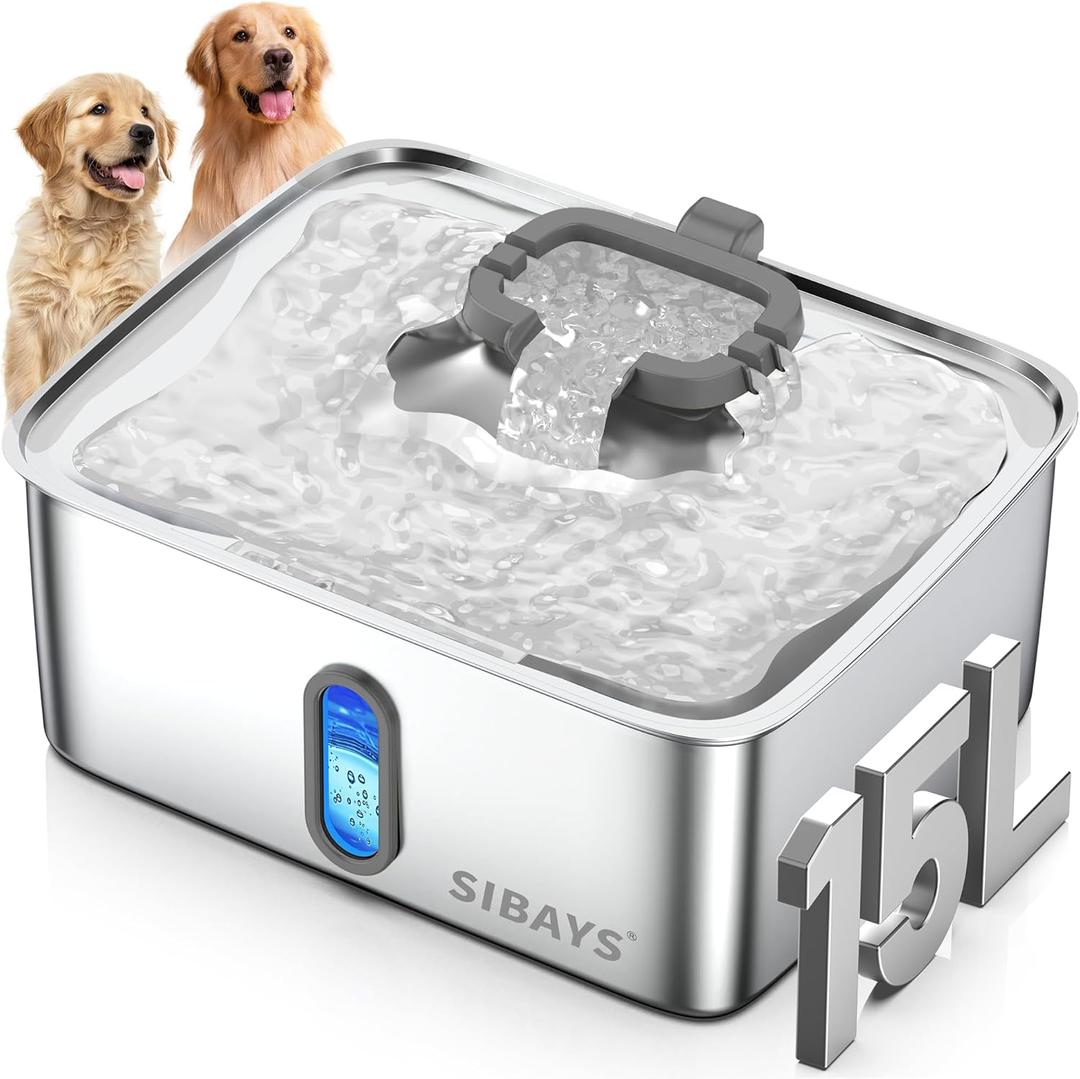 SIBAYS 4Gal/15L Dog Water Fountain for Large Dogs, Stainless Steel Large Pet Water Fountain, Ultra Quiet Automatic Dog Water Bowl Dispenser with Water Level Window and LED Light(FS78, Silver-Grey)