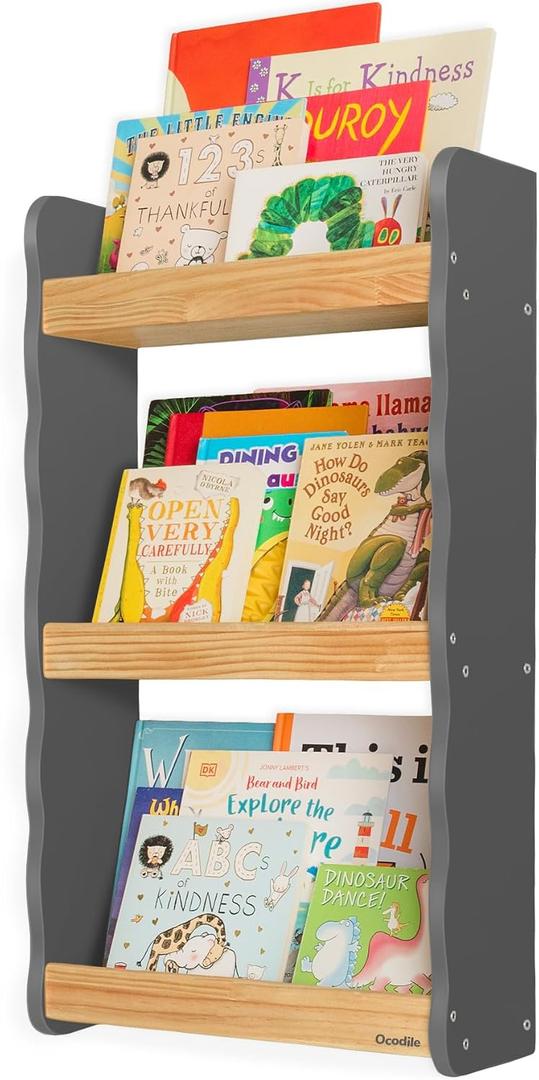 Floating Kids Bookshelf – 3-Tier Wall Mounted Bookshelf for Nursery & Playroom – Montessori Floating Shelves for Kids Room Made of Pine Wood with Smooth Finish - Gray