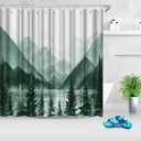 Mountain Shower Curtain Green Forest Bathroom Set with Hooks Home Decor 72x72inches