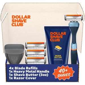 Dollar Shave Club | The Member Exclusive Shave Set | 4 Swift Rinse Refill Cartridges, 1 Handle (Blue), 1 Shave Butter 3 ounce, 1 Razor Cover, Razors for Men