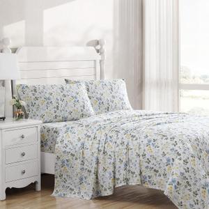 Laura Ashley - King Sheet Set, Buttery-Soft Bed Sheets with a Naturally Silky Smooth Cotton Sateen Lightweight Feel - Matching Pillowcases & Fitted Sheet (Meadow Floral Blue)