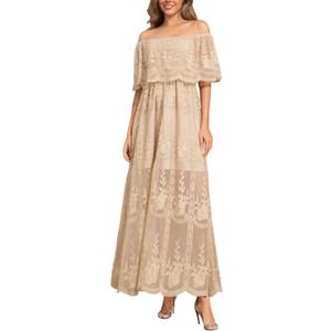 Women's Casual Off Shoulder Lace Maxi Dress Boho White Bridesmaid Wedding Evening Party Dresses (Beige, XXL)