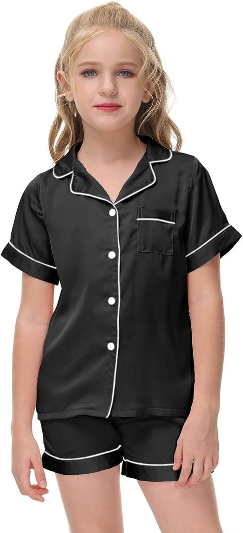 Veseacky Girl's Satin Pajamas Set Short Sleeve Button Sleep Shirt with Silky Shorts Set PJ for Teens (Black, Size 12)