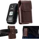 TarbicGear Leather Flip Phone Case with Belt Clip, Pouch for Kyocera & TCL Flip Phone Holster for Belt, Cat S22 Flip Case, Nokia Flip Phones, Sonim XP3 Plus Magnetic Phone Pouch, Brown Color (Coffee)