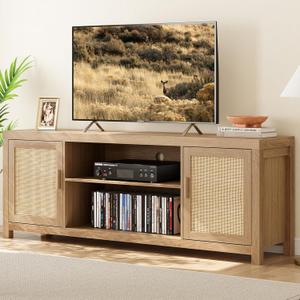 IDEALHOUSE Rattan TV Stand for 65 inch, Natural Oak Entertainment Center with Adjustable Shelves, Boho TV & Media Cabinet 2-Tier Storage for Living Room Bedroom