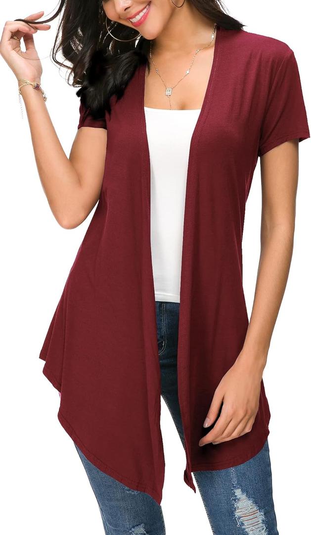 Urban CoCo Womens Open Front Short Sleeve Cardigans for Women Lightweight Summer Drape Cardigan Vest (Large, Wine Red)