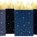 SHIPKEY Gift Bags, 10 Pack Navy Blue with Gold Foil Stars, Kraft Paper Bags with Handles, Bulk for Men, Groomsmen, Christmas Gifts, 8x4x11inch, Includes Tissue Paper