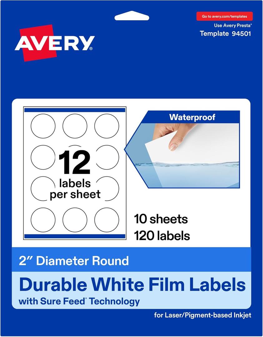 Avery Printable Durable White Round Labels, Sure Feed Technology, 2" Diameter, Print-to-the-Edge, Waterproof Labels, Laser & Pigment-Based Inkjet Compatible, 120 Total