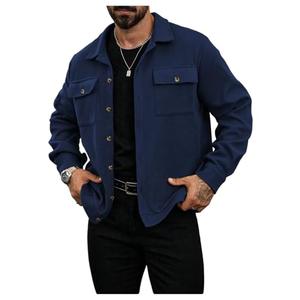 OYOANGLE Men's Long Sleeve Button Up Jacket Collared Neck Fall Shacket Coats Outerwear Deep Blue Small