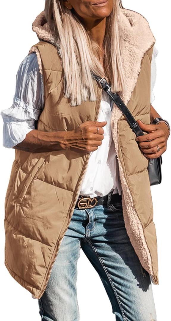 PRETTYGARDEN Womens 2025 Fall Reversible Vests Sleeveless Fleece Jacket Zip Up Hoodie Pockets Long Warm Winter Coat Outerwear (X-Large, Light Camel)