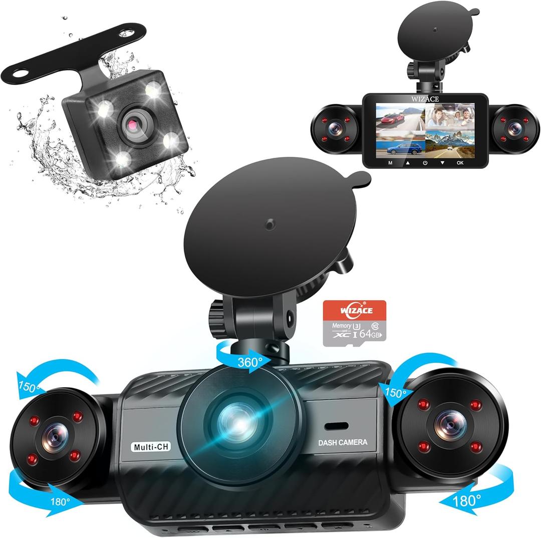 4 Channel Dash Cam 360 View, WIZACE 2K Front and Rear Inside, Left Right Dash Camera for Cars, Multi-Ch FHD 8 IR Lamps Night Vision, Free 64GB SD Card, G-Sensor, HDR, 24H Parking Mode