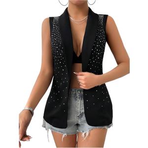 MakeMeChic Women's Glitter Rhinestone Blazer Sleeveless Open Front Party Y2K Vests (Large, Black)