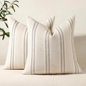 Hckot Throw Pillow Covers 22x22 Set of 2 Striped Pillow Covers Textured Linen Decorative Pillows Square Cushion Covers for Sofa Couch Bed Living Room Farmhouse Decor, Grey