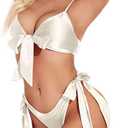 RSLOVE Women Sexy Lingerie Set Satin Bow Tie 2 Piece Bra and Panty Sets, Size Large, White