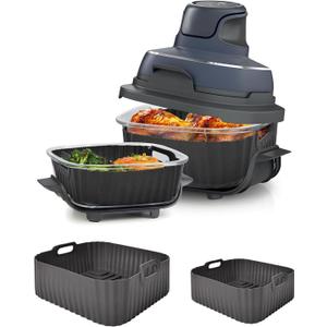 Upgraded Air Fryer Silicone Liners for Ninja Crispi FN101GY/FN101SG/FN101ST,Non-Stick Reusable Ninja Glass Air Fryer Accessories,Big Liner for 4 QT Container & Small Liner for 6 Cup Container, Gray