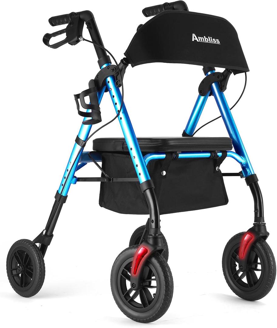 Ambliss 10" Front Wheeled Walkers for Seniors,Rollator Walker with Seat and Extra Wide Backrest, Lightweight Collapsible Rolling Walker, Adjustable Height Rollator Walker with Cup & Cane Holder (Blue)