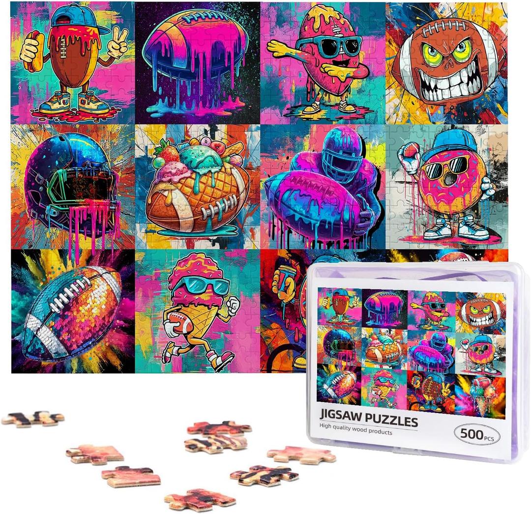 Graffiti Sports Balls Jigsaw Puzzle for Adult 500 Pieces Colorful Soccer Football Ball Food Art Puzzles for Adults Colorful DIY Wooden Puzzle Family Games Home Decor Gifts