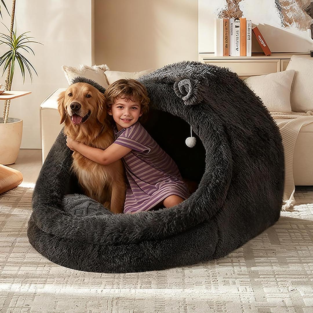 Human Dog Bed for Adults, Extra Large XXL Dog Bed for Humans, Cats & Pets, Giant Human Size Dog Bed with Removable Pillow & Blanket, Machine Washable, Cute Bunny Ear Design, 55"x43"x35", Grey