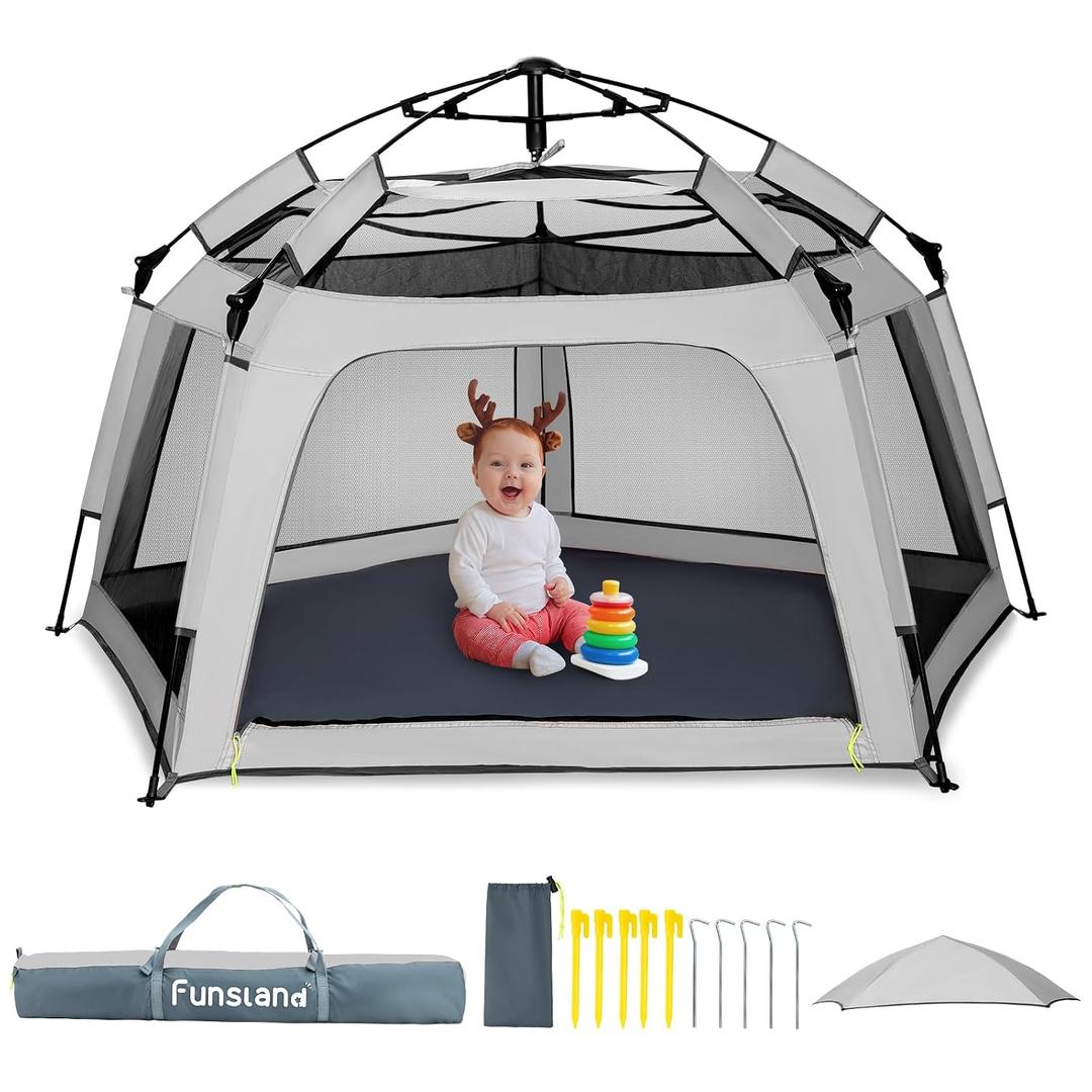 Baby Playpen Pop-up Tent - Outdoor & Indoor Play Tent for Beach with Canopy Travel Bag Portable Play Yard for Babies & Toddlers (Gray)