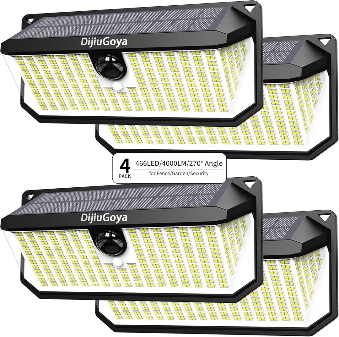 Solar Security Lights, 466 LED 4000 Lm - 270 Motion Sensor, IP68 Waterproof, 3 Lighting Modes, Dusk-to-Dawn Outdoor Flood Light for Fence Garden Backyard Garage - Pack of 4 (Black)