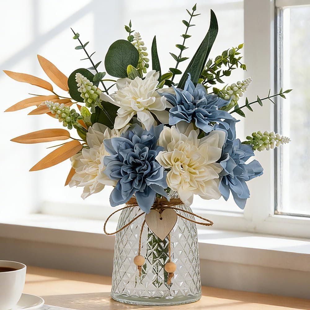 Fake Flowers with Vase Silk Flowers in Vase Dahlia Flowers Arrangement Suitable for Home Office Decoration, Dining Table Centerpiece (Dahlia-White Blue)