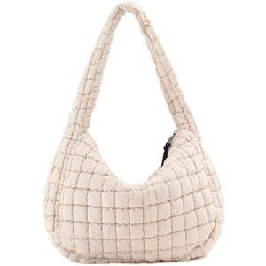 VAKAER Puffer Tote Bag for Women Quilted Crossbody Large Hobo Carryall Lightweight Padded Shoulder Bag for Travel Work, Beige 