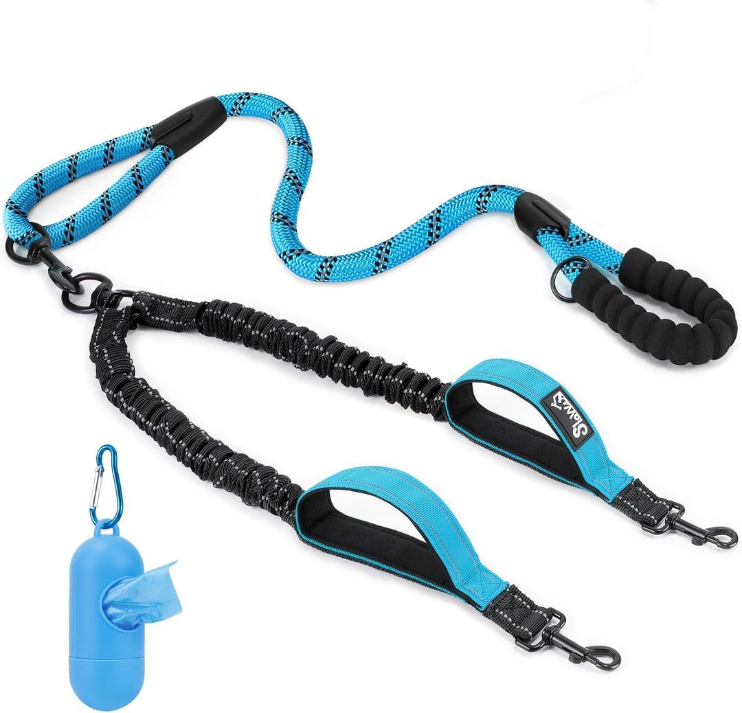 Lukovee Double Dog Leash, No Tangle - 360 Swivel Heavy Duty Reflective Lead for 2 Dogs with Two Padded Handles Dual Dog Splitter, Shock Absorbing Walking for Dogs (Blue,L)