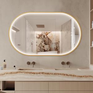 40"x24" Oval Led Mirror for Bathroom, Gold Metal Framed Lighted Vanity Mirror with Lights, Anti-Fog Light Up Mirror with 3 Colors Dimmable, Frontlit, Shatterproof, Horizontal/Vertical