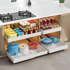 Pull out Cabinet Organizer, Expandable(12.6"-20.5"), 20.5" Deepy Slide out Drawers Fixed with Adhesive Nano Film for Pots, Roll out Shelf Storage for Kitchen (White 20.5''Deep)
