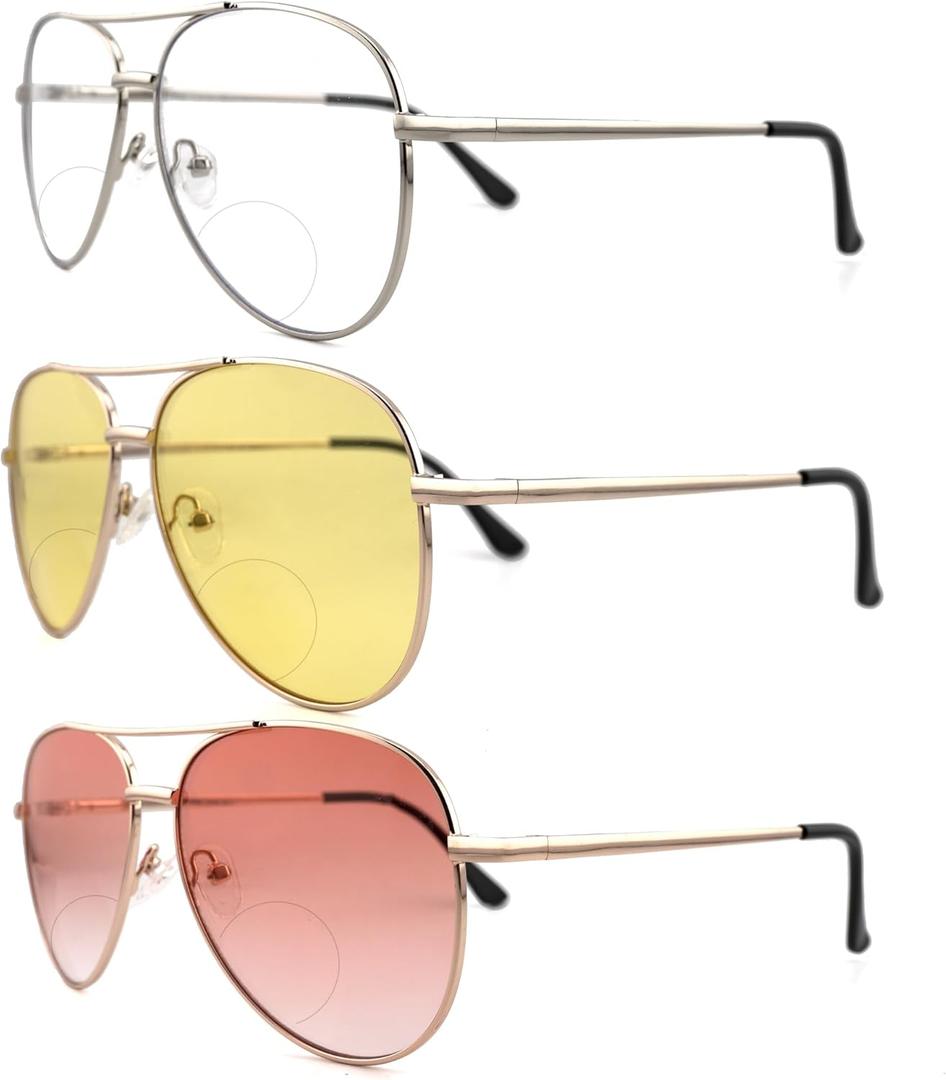 3 Pack Bifocal Reading Sunglasses for Women Men, Aviator Sun Readers Glasses Mirrored Shades UV400 Gradient Pink Night Yellow Clear, +1.5