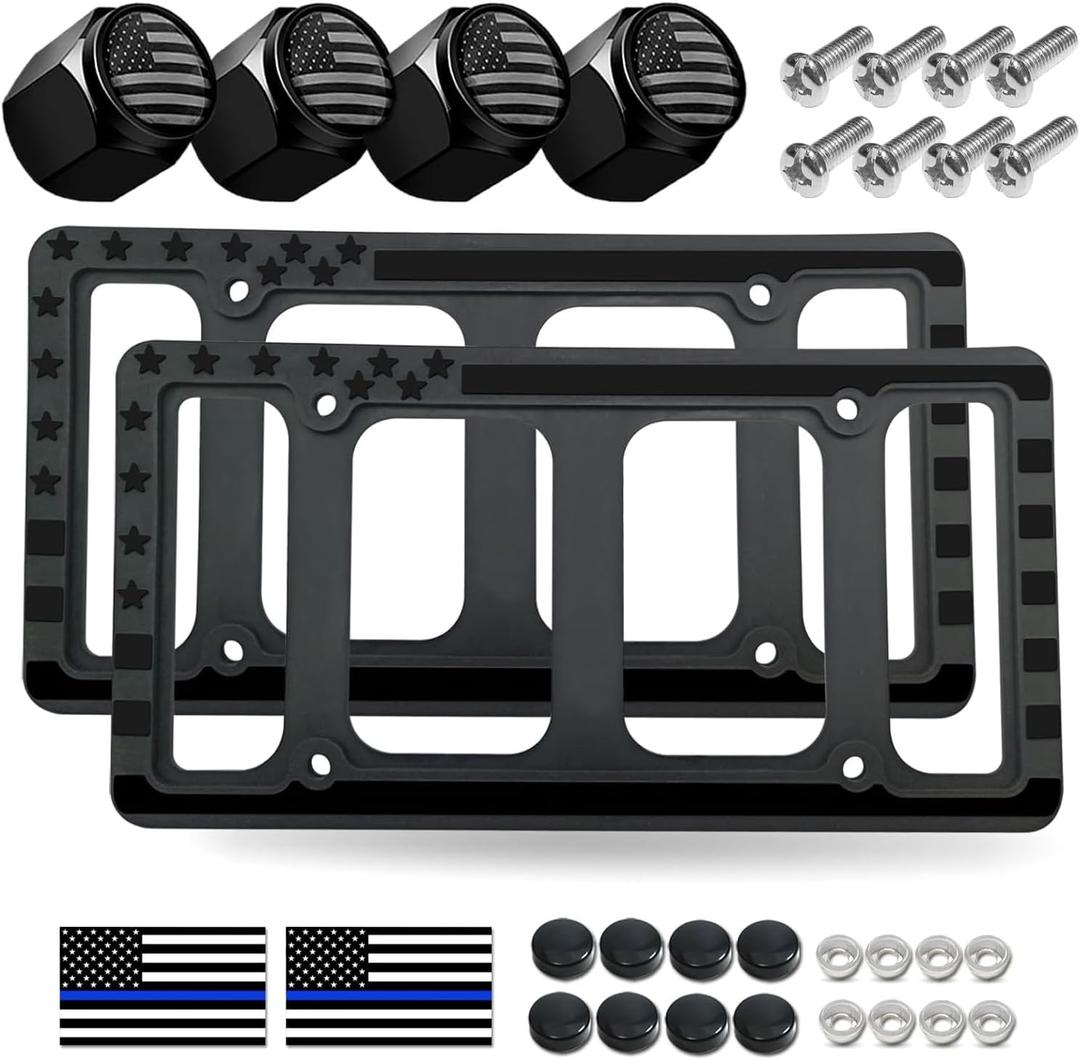 Silicone American Flag License Plate Frames- Rustproof Patriotic Gloss USA Stars and Stripes Flag Black Car Tag Holder Cover, 2 Pack for Front and Rear, with Mount Screws Caps, Automotive Accessories