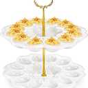 Peohud 2 Tier Deviled Egg Platter, 24 Holes Deviled Egg Tray Container, Detachable Ceramic Easter Egg Holder for Kitchen Countertop, Party, Microwave Dishwasher Freezer Safe