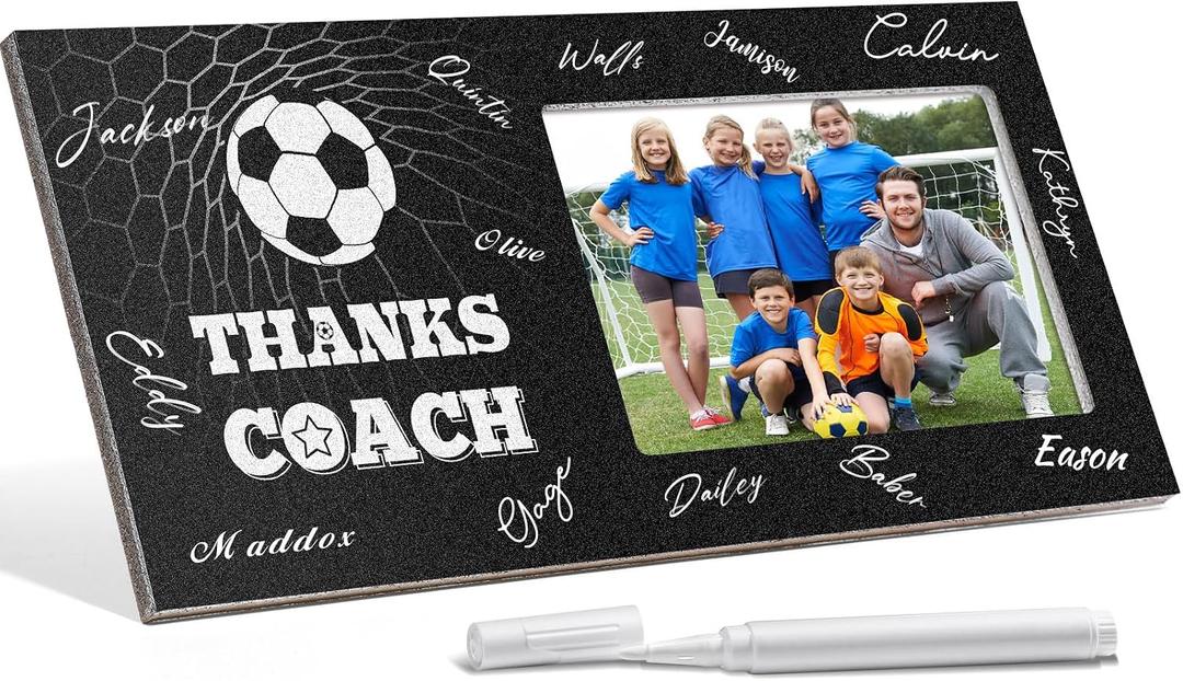 Blosssound Soccer Thanks Coach Gifts Sports Picture Frame with Pen Thanks Coach Frame 4 x 6 Inch Photo Gifts Wood Picture Decoration for Coaches Appreciation(1)