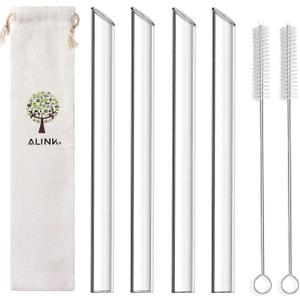 ALINK Reusable Glass Boba Straws, 14mm Extra Wide Clear Smoothie Straws for Bubble Tea, Pack of 4 with 1 Case and 2 Brush