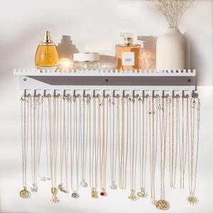 Necklace Holder Wall Hanging Organizer: Wall Mounted Jewelry Shelf with 56 Hooks and Tray, Display Hanger for Kids, Girls and Women, White & Metal