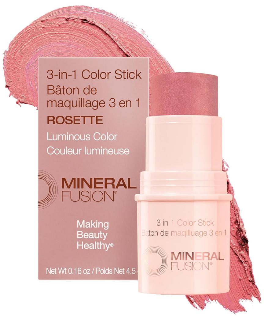 Mineral Fusion 3-in-1 Color Stick - Hydrating Cream Blush Tint for Cheek, Lip and Eye - Natural Multi Use Makeup (Rosette)