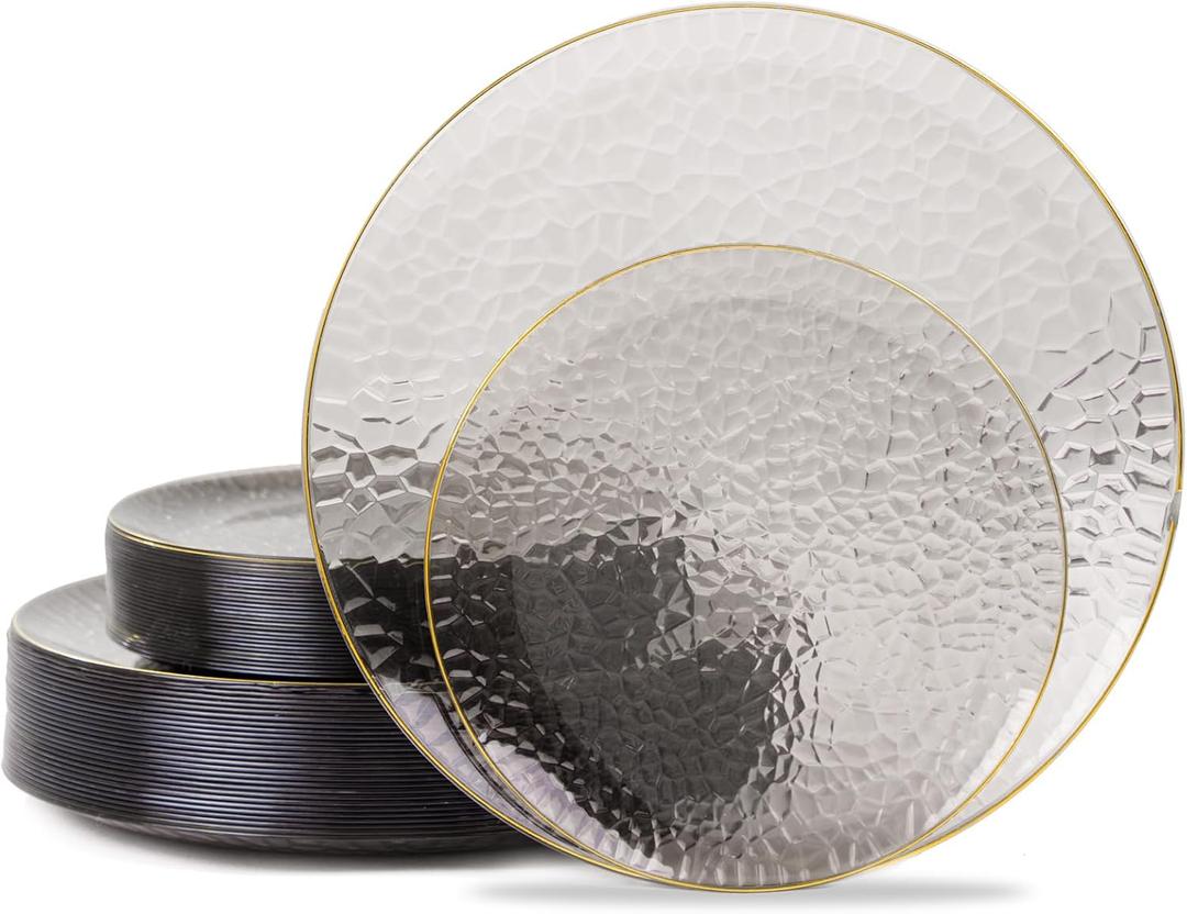 Hioasis 60pcs Black Plastic Plates - Gold Rimmed Disposable, Hammered, Heavy-duty Dinnerware Set Suitable for 30 Guests, 10.25" Dinner & 7.5" Dessert Plates for Party & Wedding