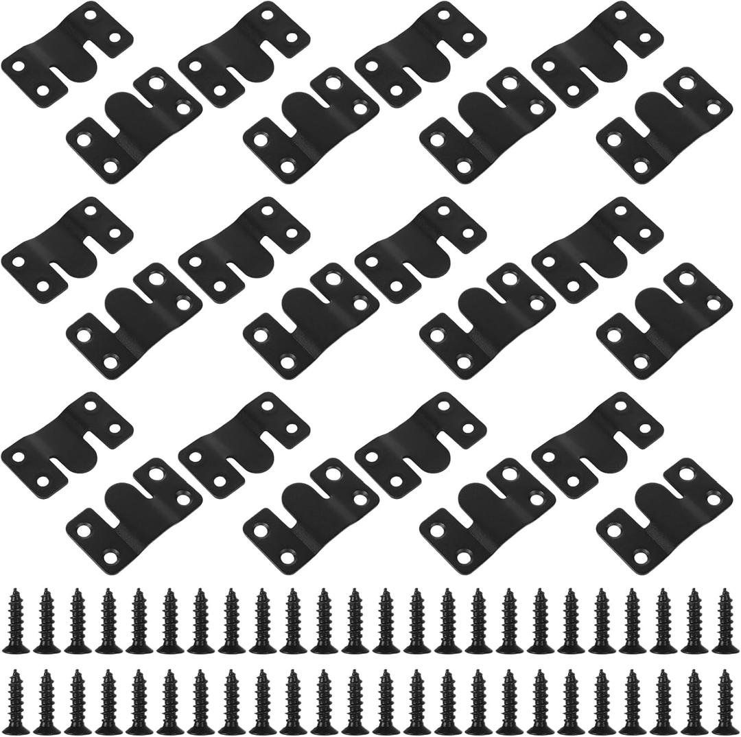 24 Pcs Black Flush Mount Bracket Stainless Steel Interlocking Hanging Buckle Headboard Wall Mounting Brackets with 96 PCS Screws